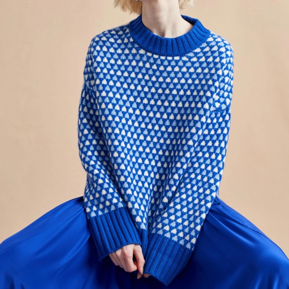 La Ligne Blue and White Patterned Crewneck Sweater